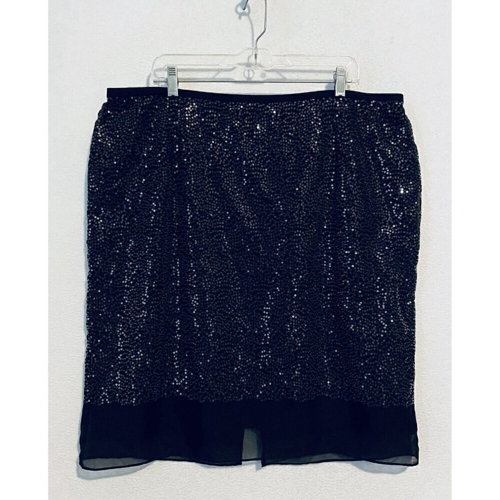 Calvin Klein Skirt Womens 18W Black Sequin Pencil Chiffon Hem Party Cocktail